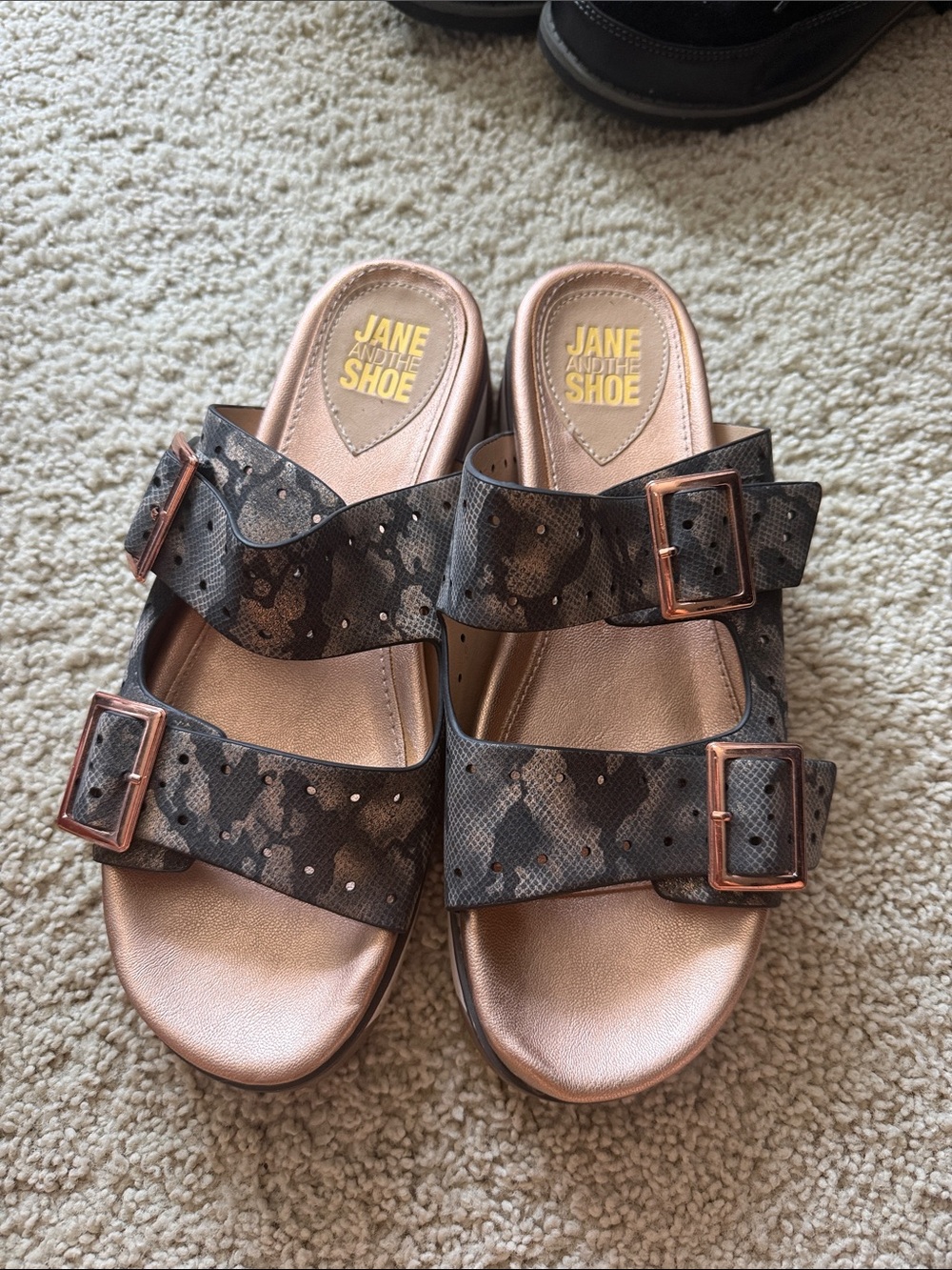 JANE AND THE SHOE Camo Strappy Sandals with Rose Gold Footbed